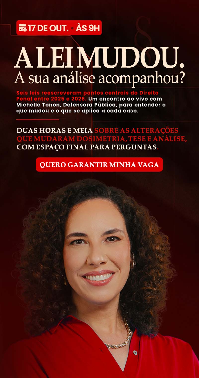 Banner desktop do Workshop Atualização Penal 2025 e 2026, ministrado por Michelle Tonon.